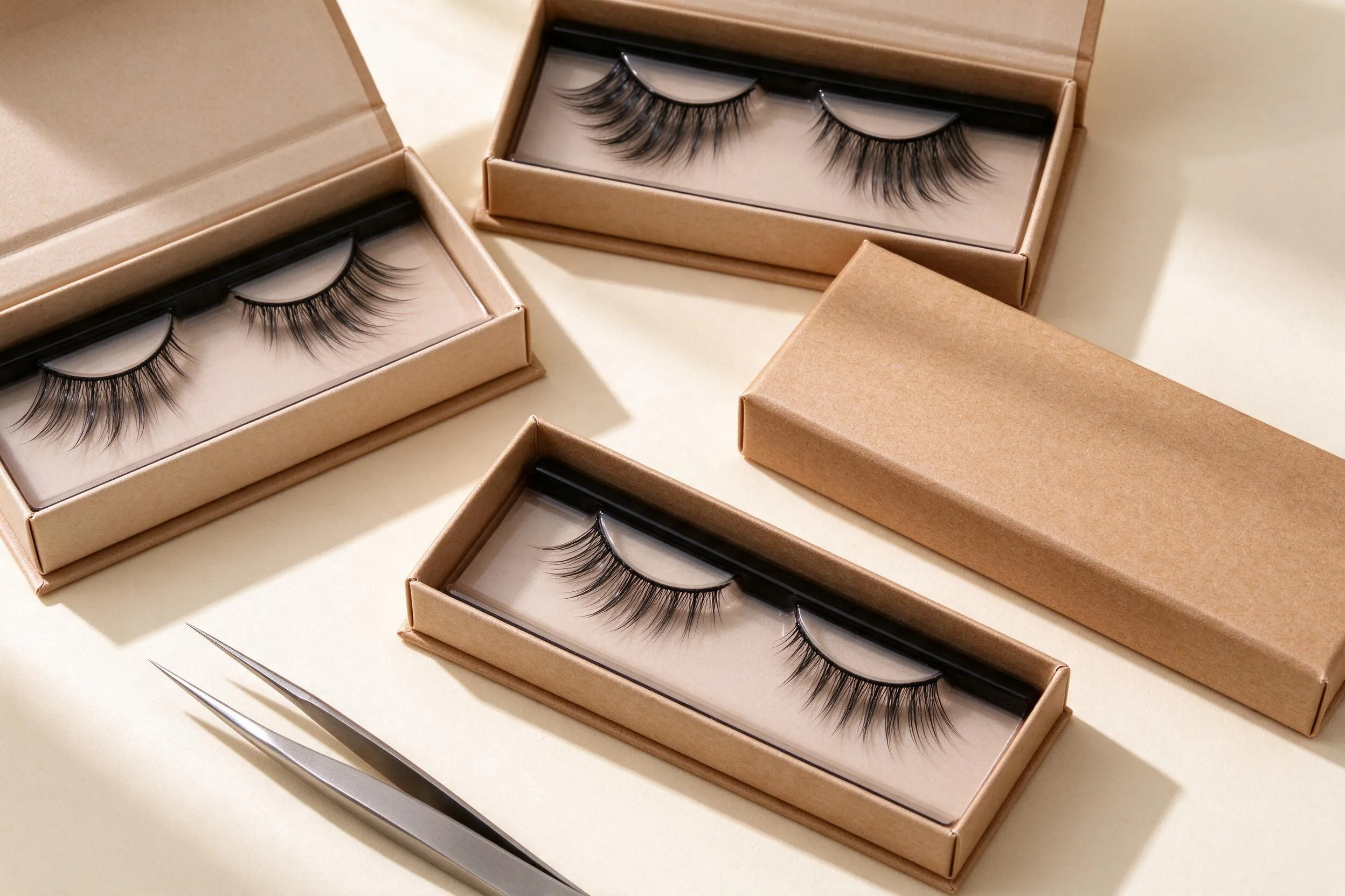 Styled flat-lay of false lashes in kraft paper boxes with tweezers